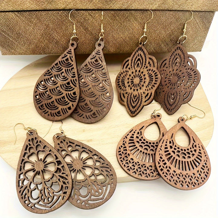 Nina | 4-Pair Vintage Carved Flower Dangle Earring Set