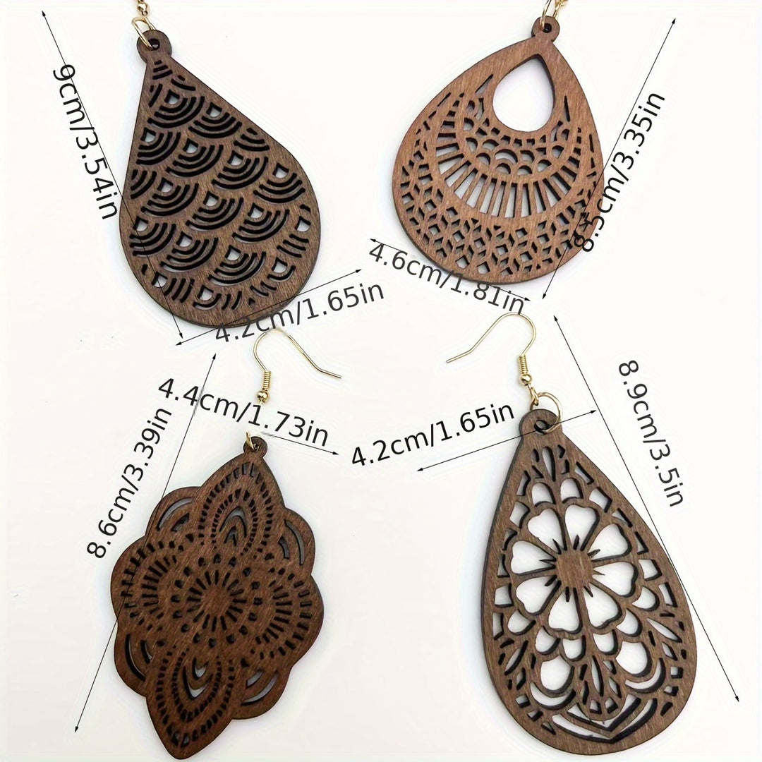 Nina | 4-Pair Vintage Carved Flower Dangle Earring Set