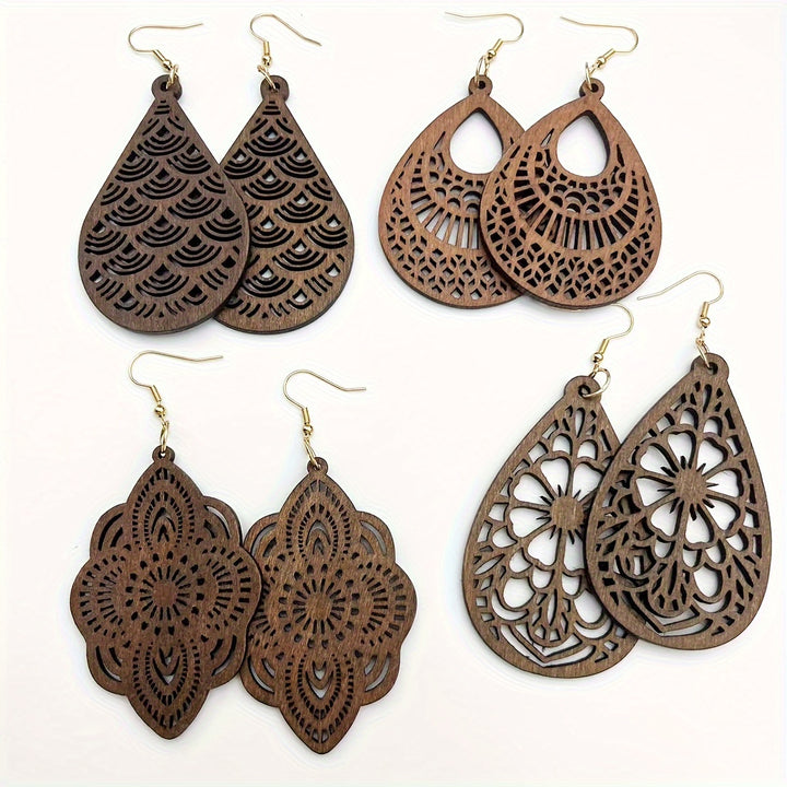 Nina | 4-Pair Vintage Carved Flower Dangle Earring Set