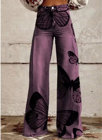 Violet | Butterfly Print Wide-Leg Jeans