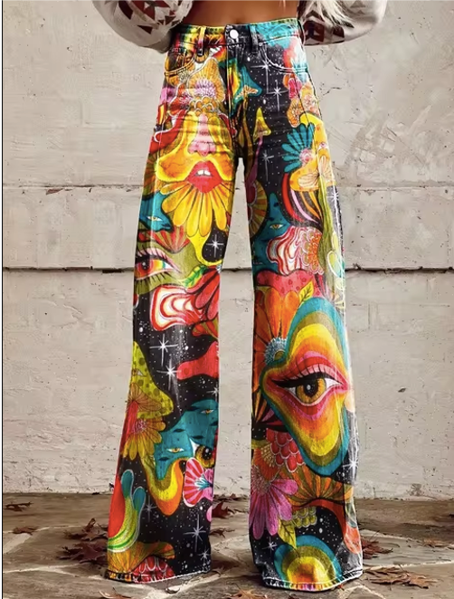 Rachel | Colourful Print Wide-Leg Jeans